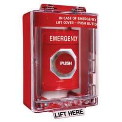 STI SS-2074-E Stopper Station, with Mini Stopper II Cover with Spacer, EMERGENCY Lettering, Red Housing