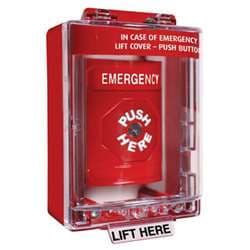 STI SS-2080E Stopper Station with Mini Stopper II Cover with Spacer, EMERGENCY Lettering, Red Lettering