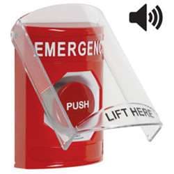 STI SS-20A1E Stopper Station with Stopper Station Shield with Sound, EMERGENCY Lettering, Red Housing