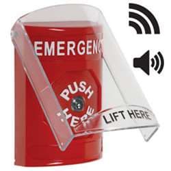 STI SS-20B0E Stopper Station with Wireless Stopper Station Shield with Sound and Transmitter, EMERGENCY Lettering, Red Housing