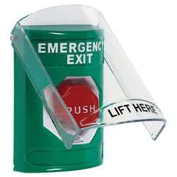 STI SS-2129EX Stopper Station with Stopper Station Shield, EMERGENCY EXIT Lettering, Green Housing
