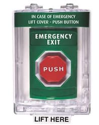 STI SS-2132-EX Stopper Station with Mini Stopper II Cover without Horn, EMERGENCY EXIT Lettering, Green Housing