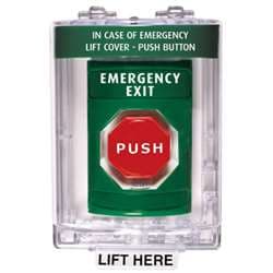 STI SS-2139EX Stopper Station, with Mini Stopper II Cover without Horn, EMERGENCY EXIT Lettering, Green Housing