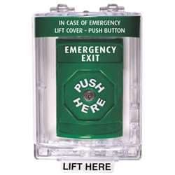 STI SS2140EX Stopper Station with Mini Stopper II Cover with Horn, EMERGENCY EXIT Lettering, Green Housing