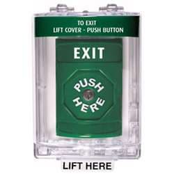 STI SS2140X Stopper Station with Mini Stopper II Cover with Horn, EXIT Lettering, Green Housing