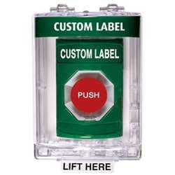 STI SS-2141 Stopper Station with Mini Stopper II Cover with Horn, Custom Lettering, Green Housing