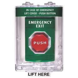 STI SS2142EX Stopper Station with Mini Stopper II Cover with Horn, EMERGENCY EXIT Lettering, Green Housing