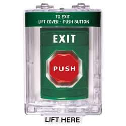 STI SS-2149-X Stopper Station with Mini Stopper II Cover with Horn, EXIT Lettering, Green Housing