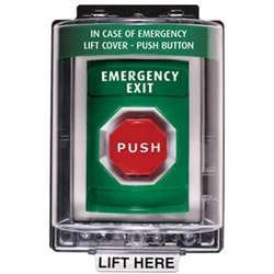 STI SS2152EX Stopper Station with Mini Weather Stopper Cover, EMERGENCY EXIT Lettering, Green Housing