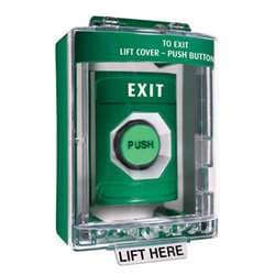 STI SS-2177-X Stopper Station with Mini Stopper II Cover with Spacer, EXIT Lettering, Green Housing