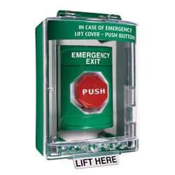 STI SS2179EX Stopper Station with Mini Stopper II Cover with Spacer, EMERGENCY EXIT Lettering, Green Housing