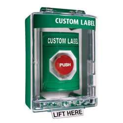 STI SS-2181 Stopper Station with Mini Stopper II Cover with Horn and Spacer, Custom Lettering, Green Housing