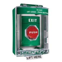STI SS2189EX Stopper Station with Mini Stopper II Cover with Horn and Spacer, EMERGENCY EXIT Lettering, Green Housing