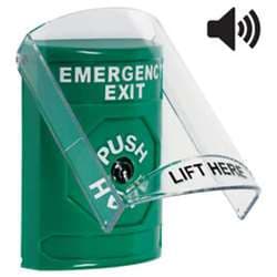 STI SS-21A0EX Stopper Station with Stopper Station Shield with Sound, EMERGENCY EXIT Lettering, Green Housing