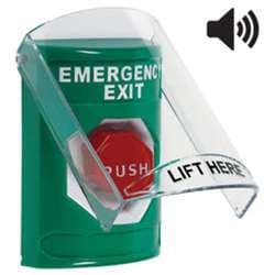 STI SS21A8EX Stopper Station with Stopper Station Shield with Sound, EMERGENCY EXIT Lettering, Green Housing