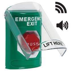 STI SS-21B8EX Stopper Station with Wireless Stopper Station Shield with Sound and Transmitter, EMERGENCY EXIT Lettering, Green Housing