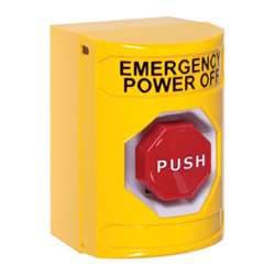 STI SS-2205PO Stopper Station, Momentary, Mushroom Button, EMERGENCY POWER OFF Lettering, Yellow Housing