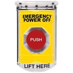 STI SS-2211PO Stopper Station with Bopper Stopper Cover, EMERGENCY POWER OFF Lettering, Yellow Housing