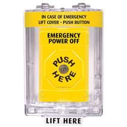 STI SS-2230PO Stopper Station with Mini Stopper II Cover without Horn, EMERGENCY POWER OFF Lettering, Yellow Housing