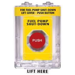 STI SS-2231PS Stopper Station with Mini Stopper II Cover without Horn, EMERGENCY SHUT-DOWN Lettering, Yellow Housing