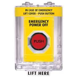 STI SS2237PO Stopper Station with Mini Stopper II Cover without Horn, EMERGENCY POWER OFF Lettering, Yellow Housing