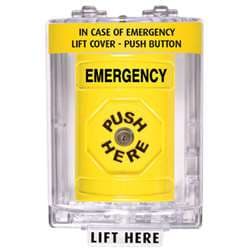 STI SS-2240E Stopper Station with Mini Stopper II Cover with Horn, EMERGENCY Lettering, Yellow Housing