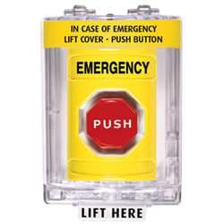STI SS-2242E Stopper Station with Mini Stopper II Cover with Horn, EMERGENCY Lettering, Yellow Housing