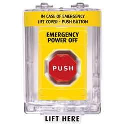 STI SS-2242PO Stopper Station with Mini Stopper II Cover with Horn, EMERGENCY POWER OFF Lettering, Yellow Housing