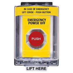 STI SS-2251PO Stopper Station with Mini Weather Stopper Cover, EMERGENCY POWER OFF Lettering, Yellow Housing