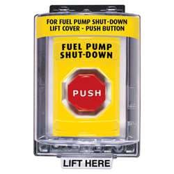 STI SS-2252PS Stopper Station with Mini Weather Stopper Cover, FUEL PUMP SHUT-DOWN Lettering, Yellow Housing