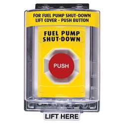 STI SS-2254PS Stopper Station with Mini Weather Stopper Cover, FUEL PUMP SHUT-DOWN Lettering, Yellow Housing