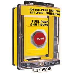STI SS2261PS Stopper Station with Mini Weather Stopper Cover with Spacer, FUEL PUMP SHUT-DOWN Lettering, Yellow Housing