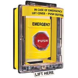 STI SS-2269E Stopper Station with Mini Weather Stopper Cover with Spacer, EMERGENCY Lettering, Yellow Housing