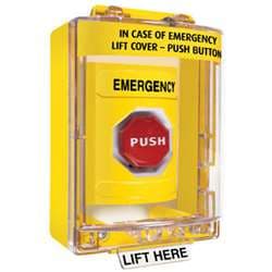 STI SS-2272E Stopper Station with Mini Stopper II Cover with Spacer, EMERGENCY Lettering, Yellow Housing