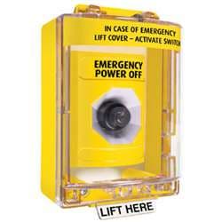 STI SS-2283PO Stopper Station with Mini Stopper II Cover with Spacer, EMERGENCY POWER OFF Lettering, Yellow Housing
