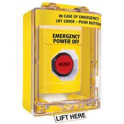 STI SS-2287 Stopper Station with Mini Stopper II Cover with Spacer, EMERGENCY POWER OFF Lettering, Yellow Housing