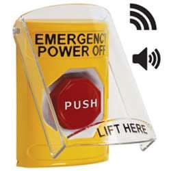 STI SS-22B2PO Stopper Station with Wireless Stopper Station Shield with Sound and Transmitter, EMERGENCY POWER OFF Lettering, Yellow Housing