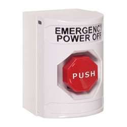 STI SS-2305PO Stopper Station, Momentary Mushroom Button, EMERGENCY POWER OFF Lettering, White Housing