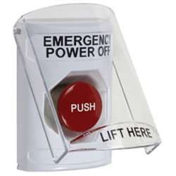 STI SS-2324PO Stopper Station with Stopper Station Shield, EMERGENCY POWER OFF Lettering, White Housing