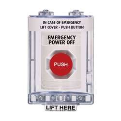 STI SS2344PO Stopper Station with Mini Stopper II Cover with Horn, EMERGENCY POWER OFF Lettering, White Housing