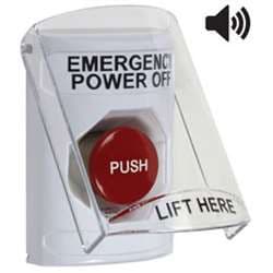 STI SS23A1PO Stopper Station with Stopper Station Shield with Sound, EMERGENCY POWER OFF Lettering, White Housing