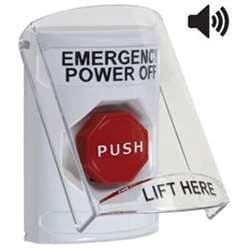 STI SS23A5PO Stopper Station with Stopper Station Shield with Sound, EMERGENCY POWER OFF Lettering, White Housing
