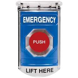 STI SS-2411EX Stopper Station with Bopper Stopper Cover, EMERGENCY EXIT Lettering, Blue Housing