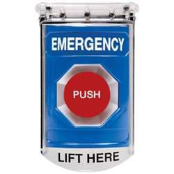 STI SS2414E Stopper Station with Bopper Stopper Cover, EMERGENCY Lettering, Blue Housing