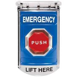 STI SS-2415E Stopper Station with Bopper Stopper Cover, EMERGENCY Lettering, Blue Housing