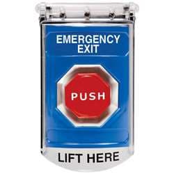 STI SS-2418-EX Stopper Station with Bopper Stopper Cover, EMERGENCY EXIT Lettering, Blue Housing