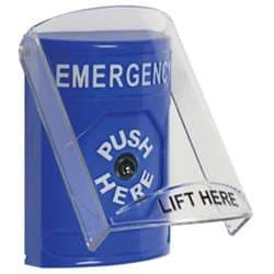 STI SS-2420E Stopper Station with Stopper Station Shield, EMERGENCY Lettering, Blue Housing