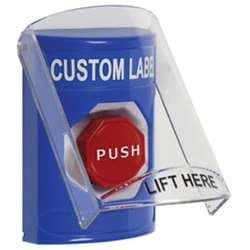 STI SS-2422 Stopper Station with Stopper Station Shield, Custom Lettering, Blue Housing