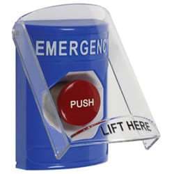 STI SS-2424E Stopper Station with Stopper Station Shield, EMERGENCY Lettering, Blue Housing