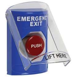 STI SS-2424EX Stopper Station with Stopper Station Shield, EMERGENCY EXIT Lettering, Blue Housing